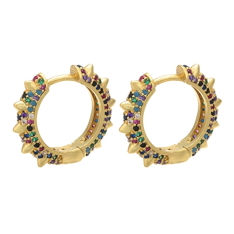 Punk Style Copper Spike Hoop Earrings With Pave Rhinestone Colorful Gold Silver Plated Rivet Ear Clips Fashion Jewelry For Women