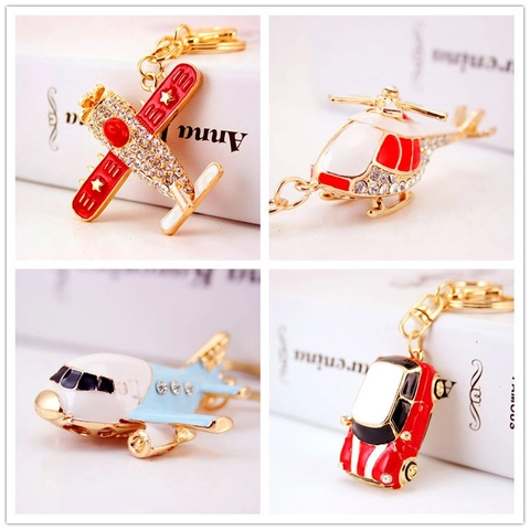 Airplane Helicopter Motorcycle Car Keychain Zinc Alloy Rhinestone Enamel Bag Charm Pendant Luxury Gift