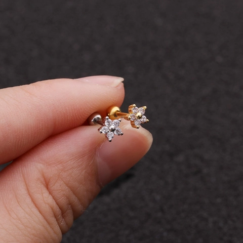 Flower Zircon Stud Earrings With Stainless Steel Earring Post Screw Ball Back Cartilage Piercing Jewelry