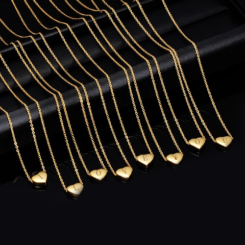 Minimalista 304 Acciaio Inossidabile Cuore Ciondolo Collana Incisa 26 Alfabeto Lettera Iniziale Oro Clavicola Catena Gioielli Per Donna
