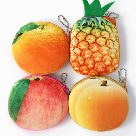 Fruit Shaped Plush Coin Purse 3D Print Mini Zipper Wallet With Bead Chain Cute Cartoon Small Storage Bag For Kids