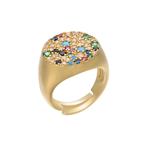 Mehrfarbige Mikroeinlage Zirkonia Verstellbarer Offener Ring Messing Vergoldet Vintage Siegel Stern Kreuz Muster Damen Schmuck