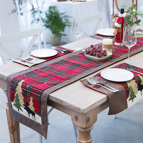 Christmas Table Runner Cotton Linen Plaid Checkered Embroidery Reindeer Tree Holiday Party Dining Decor