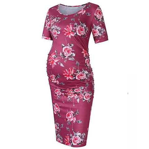 Positiejurk Bloemenprint Roos Korte Mouwen Geplooid Rekbaar Slim Fit Zwangerschap Casual Bodycon Zacht Gebreid