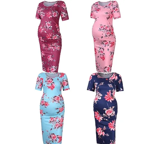 Positiejurk Bloemenprint Roos Korte Mouwen Geplooid Rekbaar Slim Fit Zwangerschap Casual Bodycon Zacht Gebreid