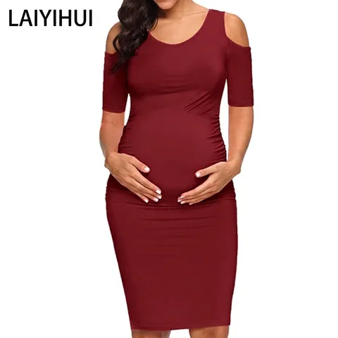 Zwangerschapsjurk Open Schouders Korte Mouwen Geplooide Zijkant Ronde Hals Kniehoogte Bodycon Polyester Katoen Mix Voor Vrouwen
