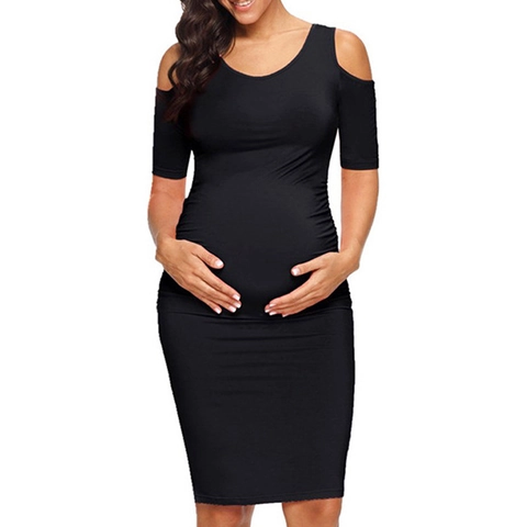 Zwangerschapsjurk Open Schouders Korte Mouwen Geplooide Zijkant Ronde Hals Kniehoogte Bodycon Polyester Katoen Mix Voor Vrouwen