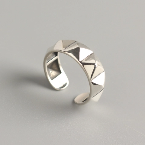 Minimalist Rivet Geometric Pyramid Open Ring 925 Sterling Silver Vintage Adjustable Punk Style Jewelry For Men Women
