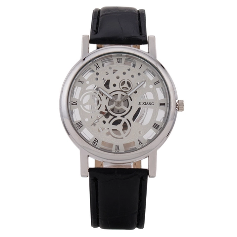 Men Skeleton Quartz Watch Leather Strap Roman Numerals Mechanical Style Analog Dial Business Casual Fashion Wristwatch