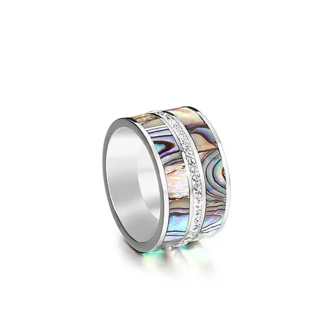 Edelstahl Breitring Mit Abalone Muschel Einlage Und Einreihiger Zirkonia Punk Stil Mode Unisex Schmuck