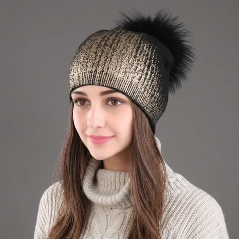 Gorro De Punto De Invierno Para Mujer Mezcla De Lana Y Acrílico Cálido Cortavientos Con Pompón De Piel De Mapache