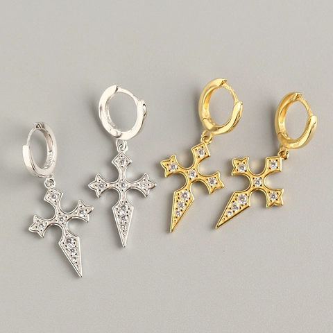 Cross Pendant Hoop Earrings 925 Sterling Silver Cubic Zirconia Inlaid Baroque Style Trendy Ear Buckles Jewelry For Women
