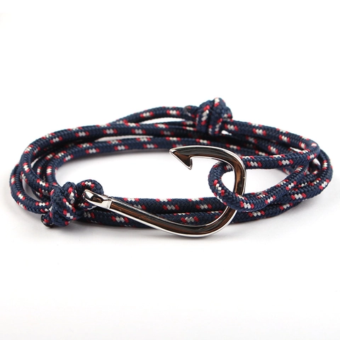 Bracciale Nautico Con Amo Da Pesca Lega Corda Intrecciata Multi-Giro Gioielli Marittimi Cinturino Regolabile Unisex