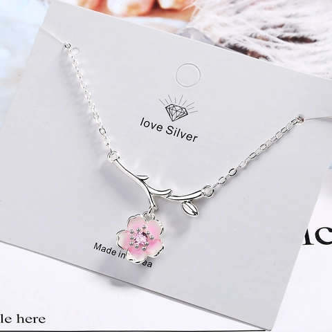 Cherry Blossom Pendant Necklace Silver Plated Copper Pink Enamel Flower Zircon Branch Elegant Jewelry For Women