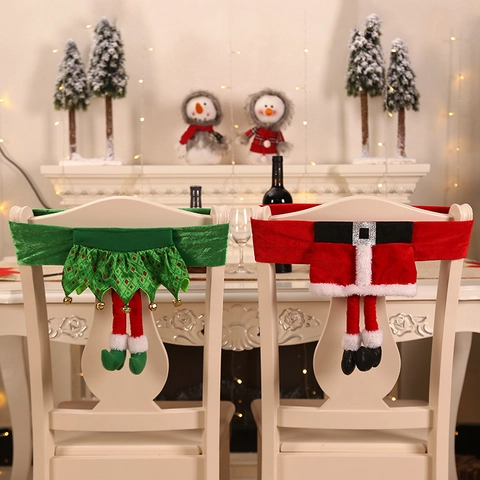 Christmas Chair Back Covers Velvet Cloth Santa Claus Belt Elf Legs Hanging Feet Dining Room Party Festive Decor
