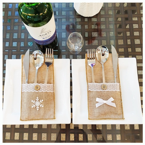 Portacubiertos De Navidad De Yute Encaje Funda Cuchillo Tenedor Con Decoración Copo De Nieve Lazo Para Mesa De Comedor