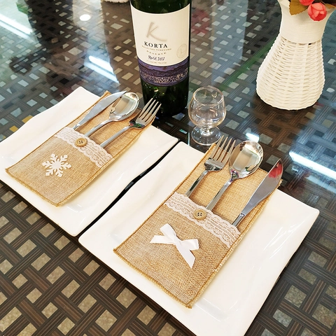 Portacubiertos De Navidad De Yute Encaje Funda Cuchillo Tenedor Con Decoración Copo De Nieve Lazo Para Mesa De Comedor