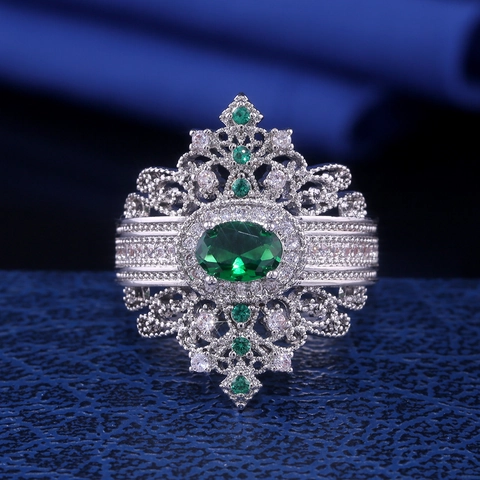 Vintage Palace Style Ring With Oval Green Zircon Hollow Filigree Copper Luxury Cocktail Jewelry For Women