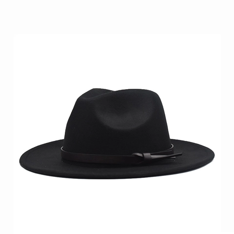 Wide Brim Wool Felt Fedora Hat With Leather Belt Plain Color Autumn Winter Fashion Jazz Hat For Women Men