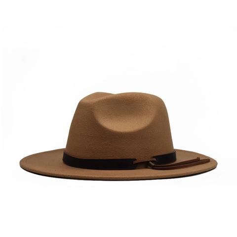 Fedora Hat Wool Felt Wide Flat Brim Leather Band Tassel Vintage Jazz Style For Men Women Autumn Winter