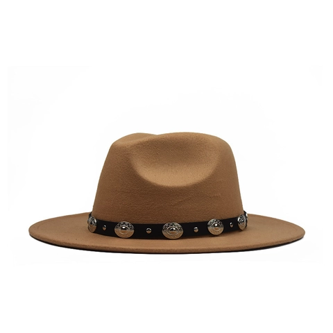 Cappello Fedora In Feltro Di Lana Tesa Larga Piatta Cintura Concho Borchie Metalliche Elegante Cowboy Western Jazz Unisex