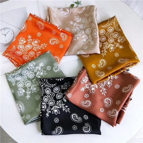 Women Paisley Floral Print Satin Square Scarf Elegant Satin Like Neck Head Hair Wrap Ribbon Versatile Retro Accessory