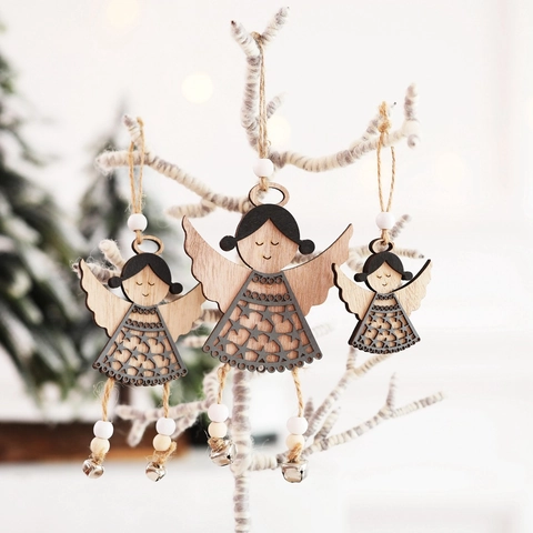 Christmas Wooden Angel Ornaments Hollow Star Wood Beads Metal Bell Xmas Tree Hanging Pendant Nordic Style Holiday Decor