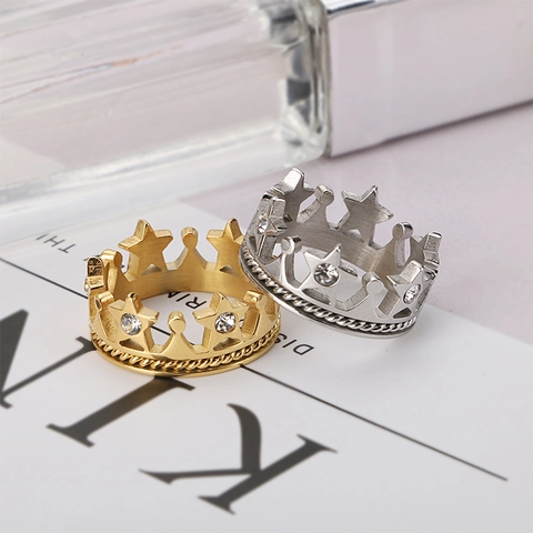 Anillo De Corona Y Estrella Acero Inoxidable Hueco Circón Incrustado Joyería De Moda Elegante Para Mujer
