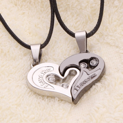 Alloy Heart Shaped Puzzle Necklace With Rhinestones And Black Cord I Love You Engraved Couples Jewelry Gift
