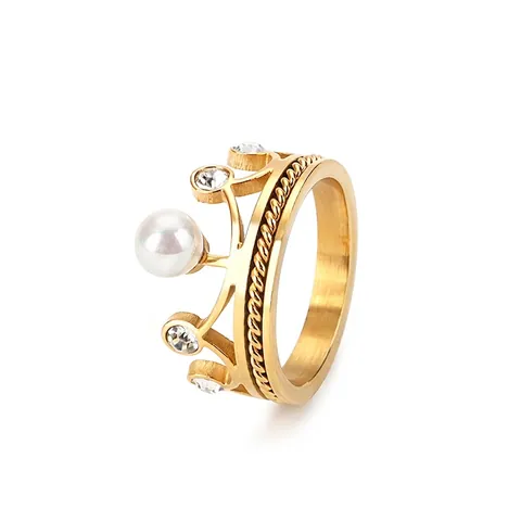 Anillo De Corona De Acero Inoxidable Con Perla Artificial Y Circón Joyería De Moda Elegante Para Mujer Diseño De Textura De Cuerda Trenzada
