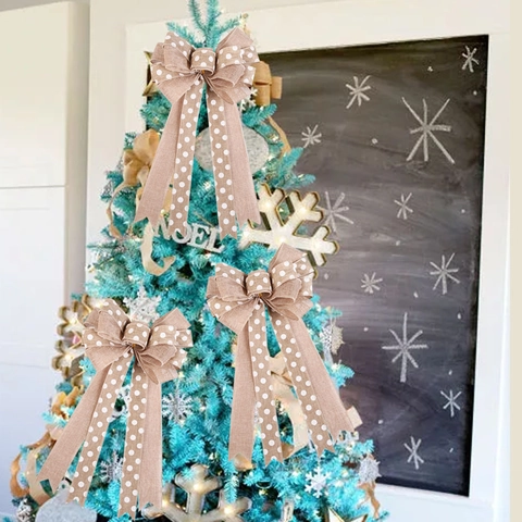 Fiocco Di Natale Ornamento Finta Iuta Con Filo Di Ferro Pois Bianchi Decorazione Rustica Fatto A Mano