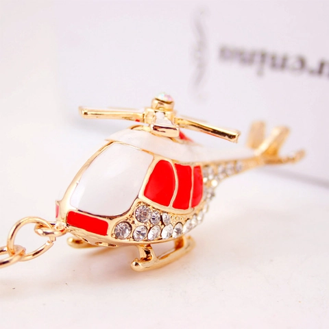 Helicopter Model Keychain With Rhinestone Enamel Zinc Alloy Gold Plated Rotating Propeller Keyring For Men Gift Bag Pendant