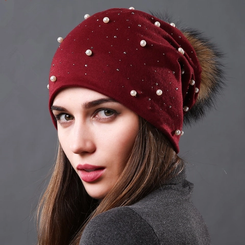 Gorro Beanie De Algodón De Doble Capa Para Mujer Con Pompón De Piel De Mapache Desmontable Perla Artificial Diamantes Invierno Cálido