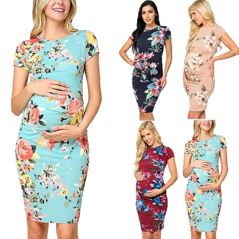 Maternity Dress Floral Print Short Sleeve Round Neck Slim Fit Elastic Knitted For Pregnant Women