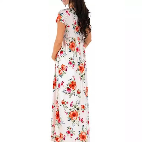 Positiejurk Maxi Met Bloemenprint V-hals Korte Mouwen Hoge Taille Rekbaar Elegant Lang Zwangerschapskleding Voor Dames