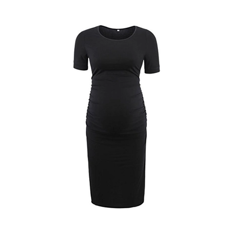 Short Sleeve Maternity Dress Ruched Side Bodycon Crew Neck Pregnancy Clothing Stretchy Casual Wear Solid Color Women Dress