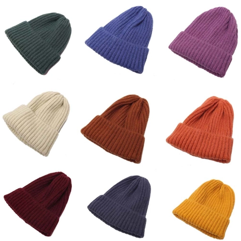 Kids Knit Beanie Hat Acrylic Warm Winter Ribbed Solid Color Folded Cuff Outdoor Soft For Baby Toddlers Infants