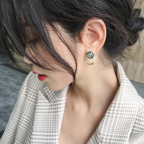 Round Geometric Stud Earrings With Silver Earring Post Brushed Metal Double Rings Retro Marble Texture Resin Jewelry