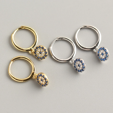 Evil Eye Hoop Earrings S925 Sterling Silver Blue White Zircon Geometric Dangle Women Fashion Jewelry