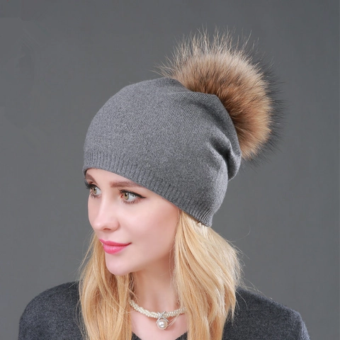 Damen Winter Kaschmir Strickmütze Mit Abnehmbarem Echt Raccoon Pelzbommel Warme Slouch Beanie Outdoor Thermische Kopfbedeckung