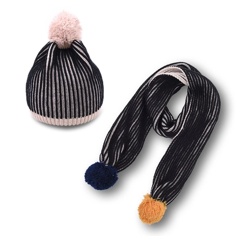 Cappello In Maglia E Sciarpa Per Bambini A Righe Lana Caldo Inverno Autunno Pompon Per Ragazzi Ragazze