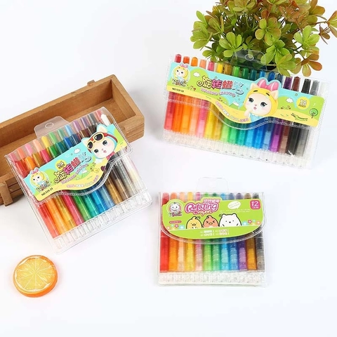 Childrens Rotating Crayons Drawing Painting Tool Washable Non Dirty Hands Plastic Shell Colored Wax Sticks Stationery Gift