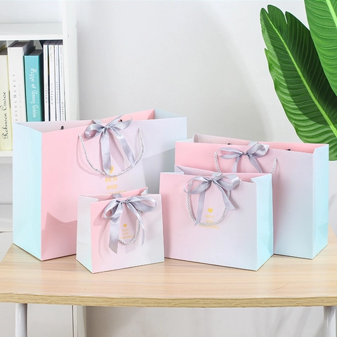 Sacs Cadeaux Dégradé Rose Bleu Carton Blanc Nœud Ruban Impression Cœur Emballage Fournitures Fête Anniversaire