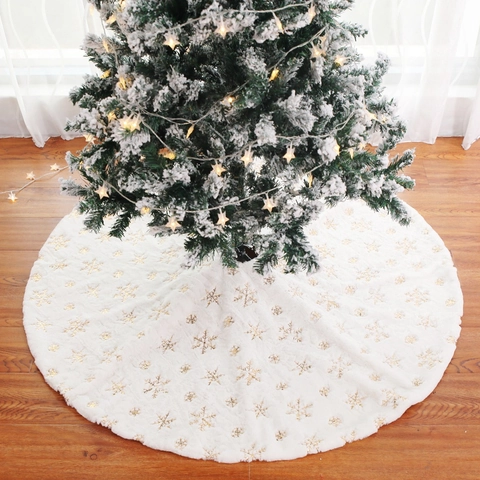 Christmas Tree Skirt White Faux Fur Plush Sequin Embroidered Snowflake Pattern Round Holiday Decor