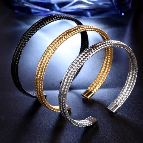 Stainless Steel Mesh Woven Cuff Bangle C-Shaped Elastic Bracelet For Men Women Trendy Hip Hop Jewelry Gift