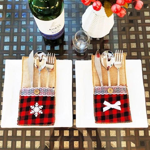 Porte-Couverts De Noël Toile De Jute Carreaux Buffalo Pochette Dentelle Flocon De Neige Nœud Décor Table