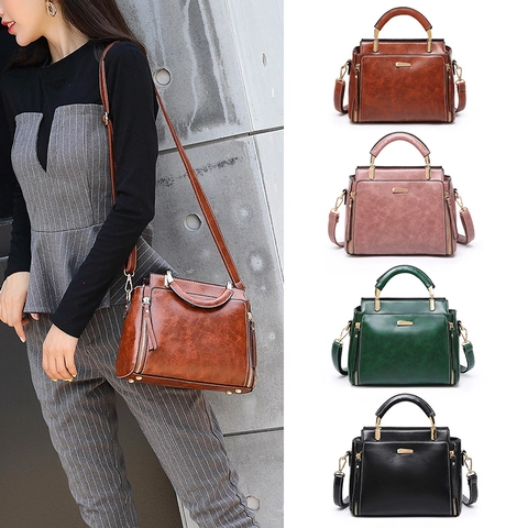 Bolso De Mano Retro Para Mujer Cuero PU Textura De Cera De Aceite Bolso De Hombro Herrajes Dorados Correa Desmontable Elegante