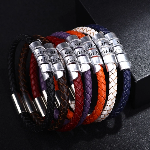 Bracciale In Pelle Intrecciata Da Uomo Con Ciondoli In Metallo Incisi Fibbia Magnetica Regalo Festa Del Papà Ispiratore