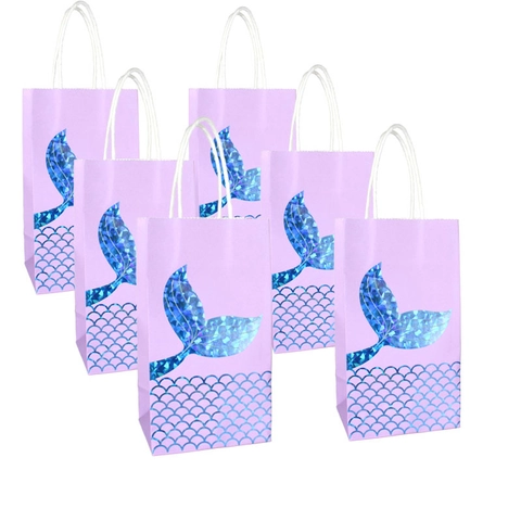 Mermaid Party Gift Bags Holographic Fish Tail Pattern Kraft Paper Candy Bags For Birthday Wedding With Handles