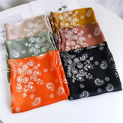 Women Paisley Floral Print Satin Square Scarf Elegant Satin Like Neck Head Hair Wrap Ribbon Versatile Retro Accessory
